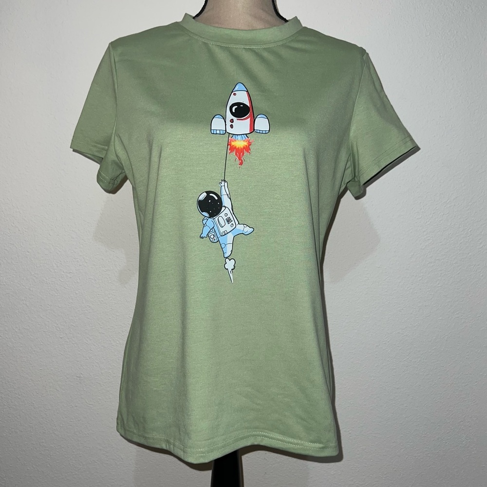 Sage Green T-Shirt with Astronaut and Rocket